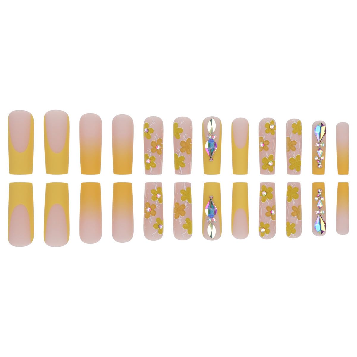 Long Press Coffin False Nails with Yellow Ombre Design Full Cover Glue on Rhinestones Stick on Acrylic Artificial Nails for Women Manicure 24Pcs