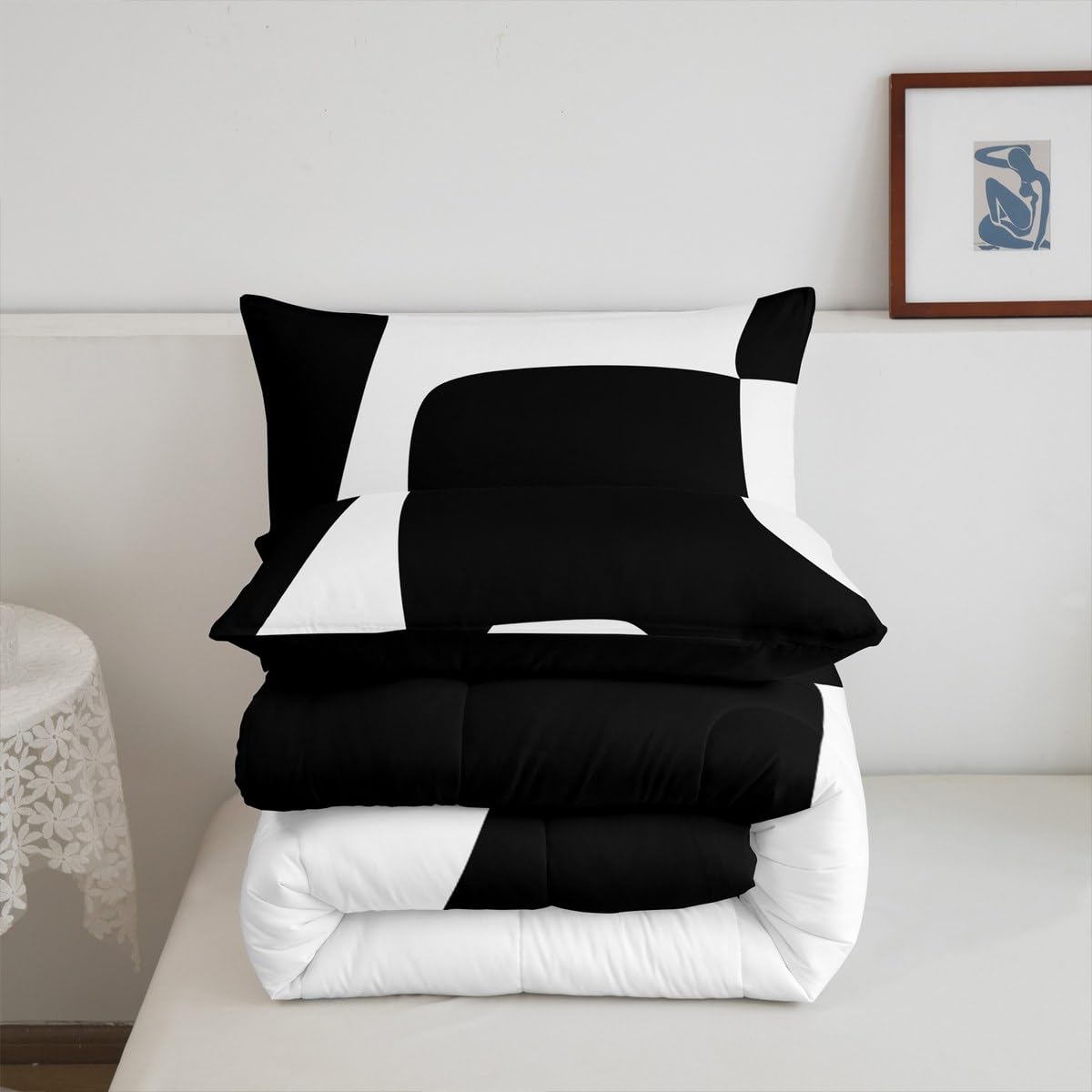Erosebridal Black and White Abstract Queen Comforter Set for Adult Women Men Boho Geometric Striped Bedding Set Minimalist Modern Art Bed Set Simple Aesthetic Modern Quilt Set