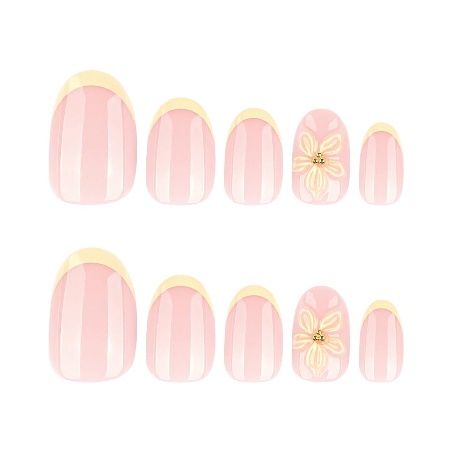 Short 3D Floral Oval Press‑On Nails — Short Oval Reusable Full‑Cover False Nails, Nude Pink Translucent Base, Cream French Tip, Salon‑Quality, Easy‑Apply Tabs, Ideal for Women & Girls