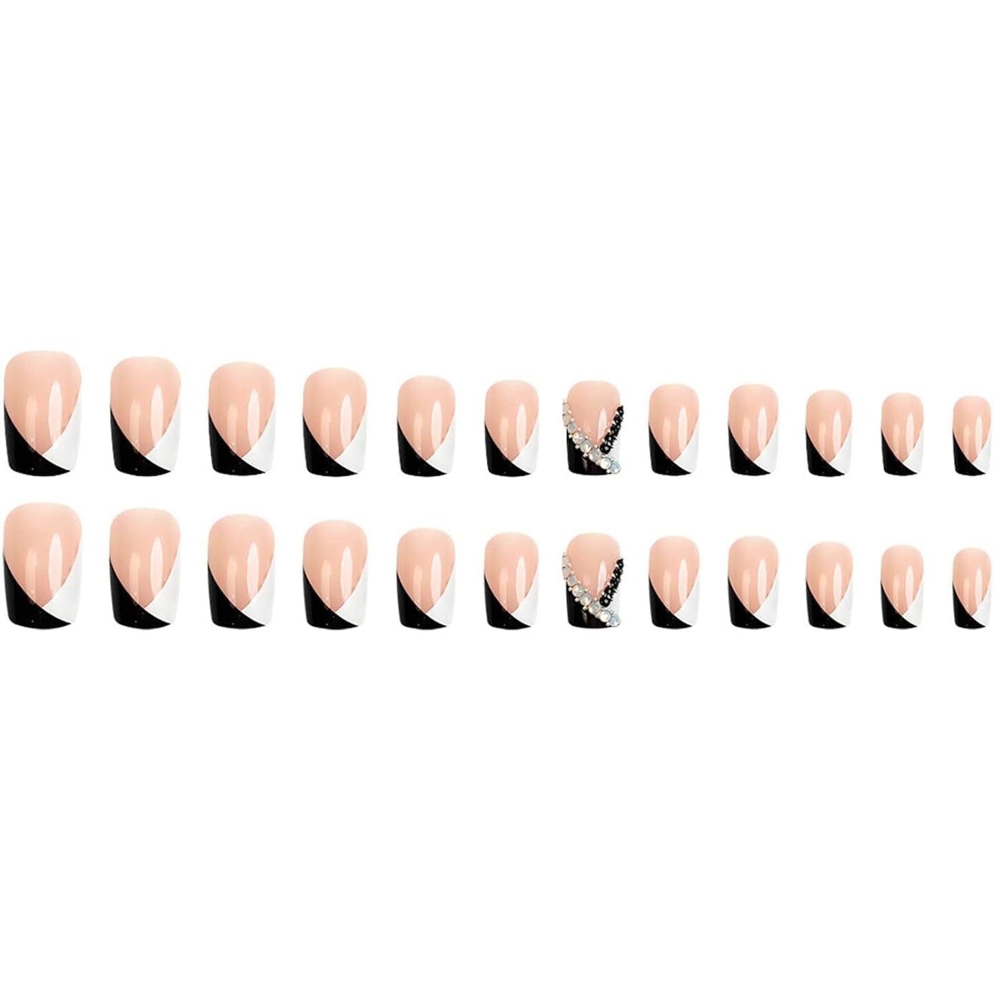 French Press on Nails Short Square Fake Nails Black White Medium False Nails with Designs Pearl Rhinestones Acrylic Nails Glossy Glue on Nails Nude Stick on Nails for Women Nails Art Manicure 24 Pcs