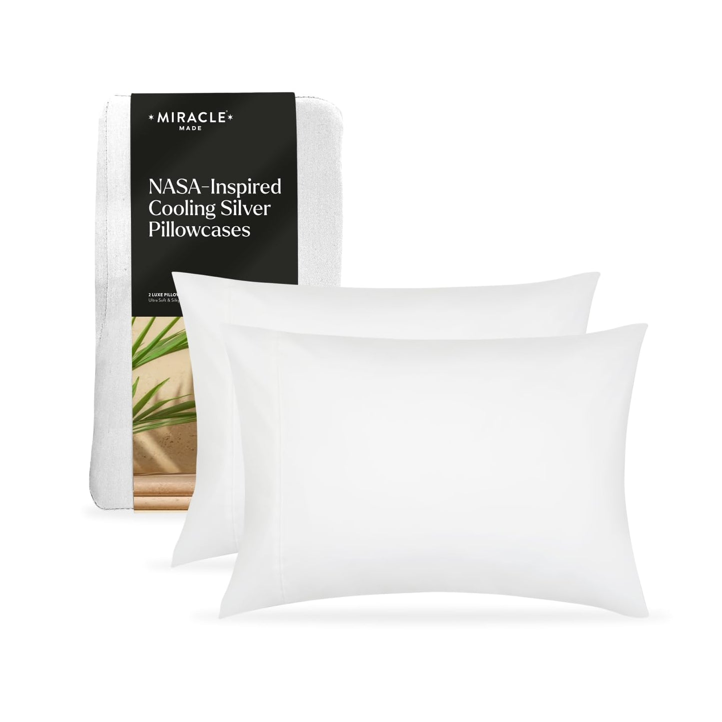 Miracle Made Luxe Soft Cooling Pillowcase, 2-Piece Silver-Infused Cotton Fabric, Cool and Breathable Case for Sensitive Skin, Standard Size Covers, White