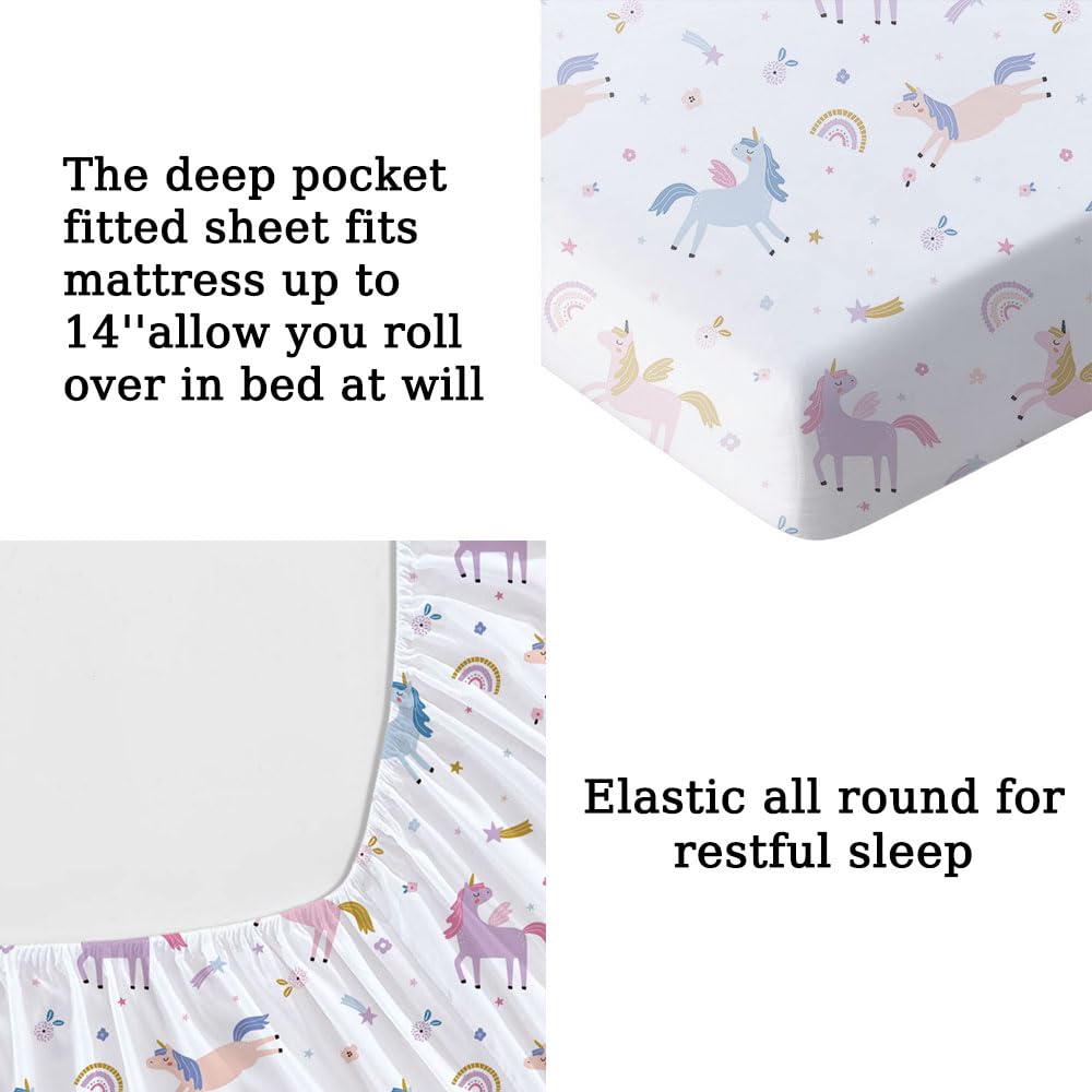 MUSOLEI Unicorn Fitted Sheet Set Full Unicorn Bedding Girls Rainbow Star Sheet Pink Flower Bedding Set Unicorns Girl Bed Sheets 1 Fitted Sheet with 2 Pillowcases Multi-Colour Full