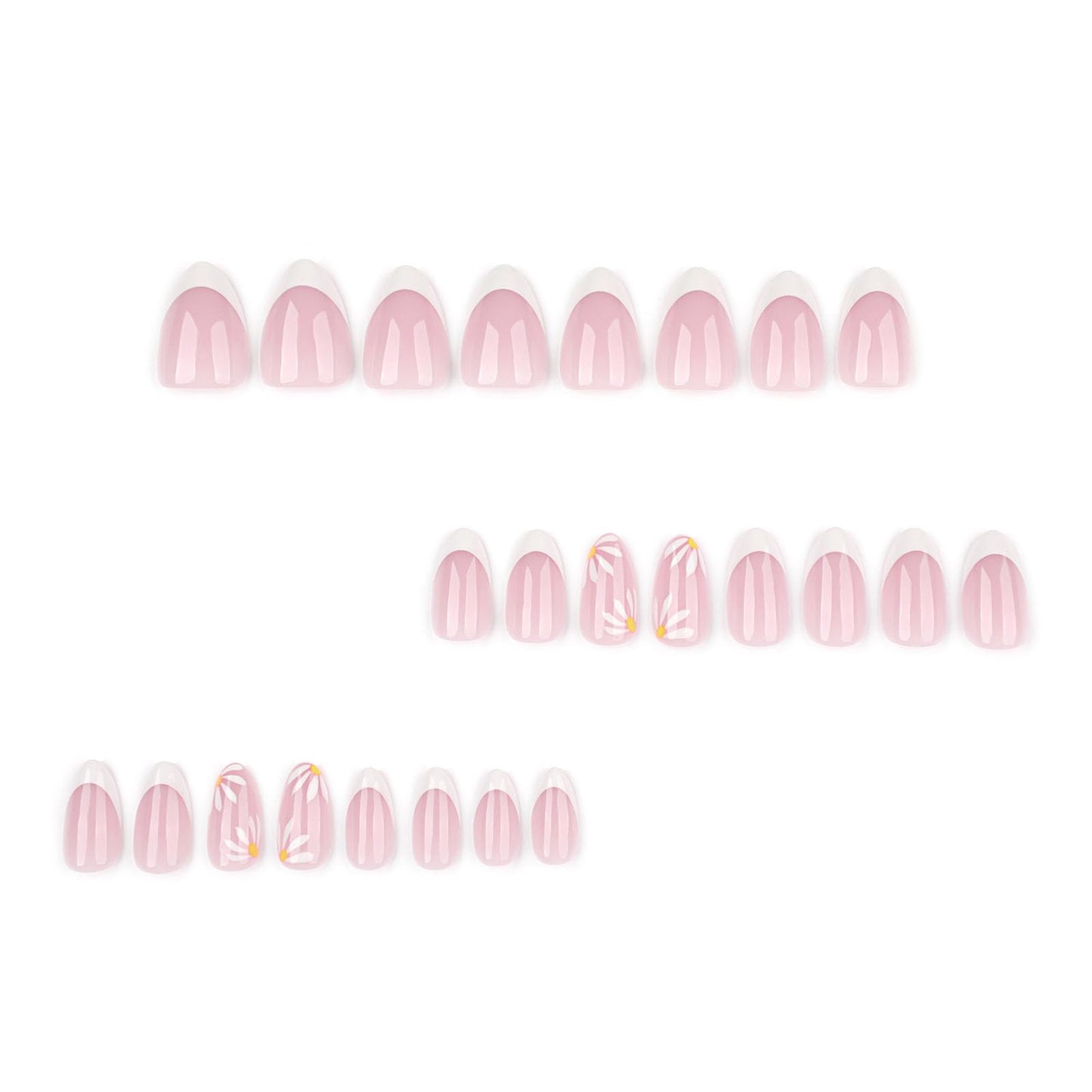 French Tip Press on Nails Short Almond Fake Nails White Stick on Nail with Simple Flower Design Glossy Glue on Nail Women Summer Manicure 24Pcs