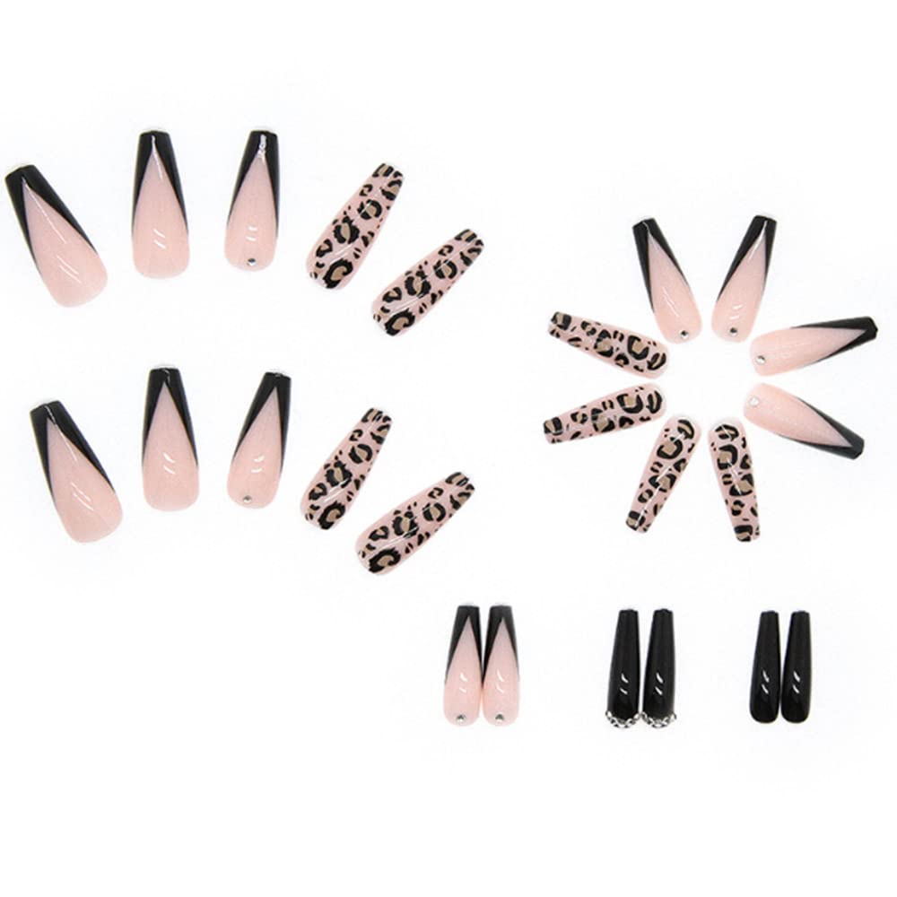 YoYoee French Black False Nails Coffin Long Press on Nails Acrylics Full Cover Leopard Print Fake Nails Tips for Women and Girls 24PCS