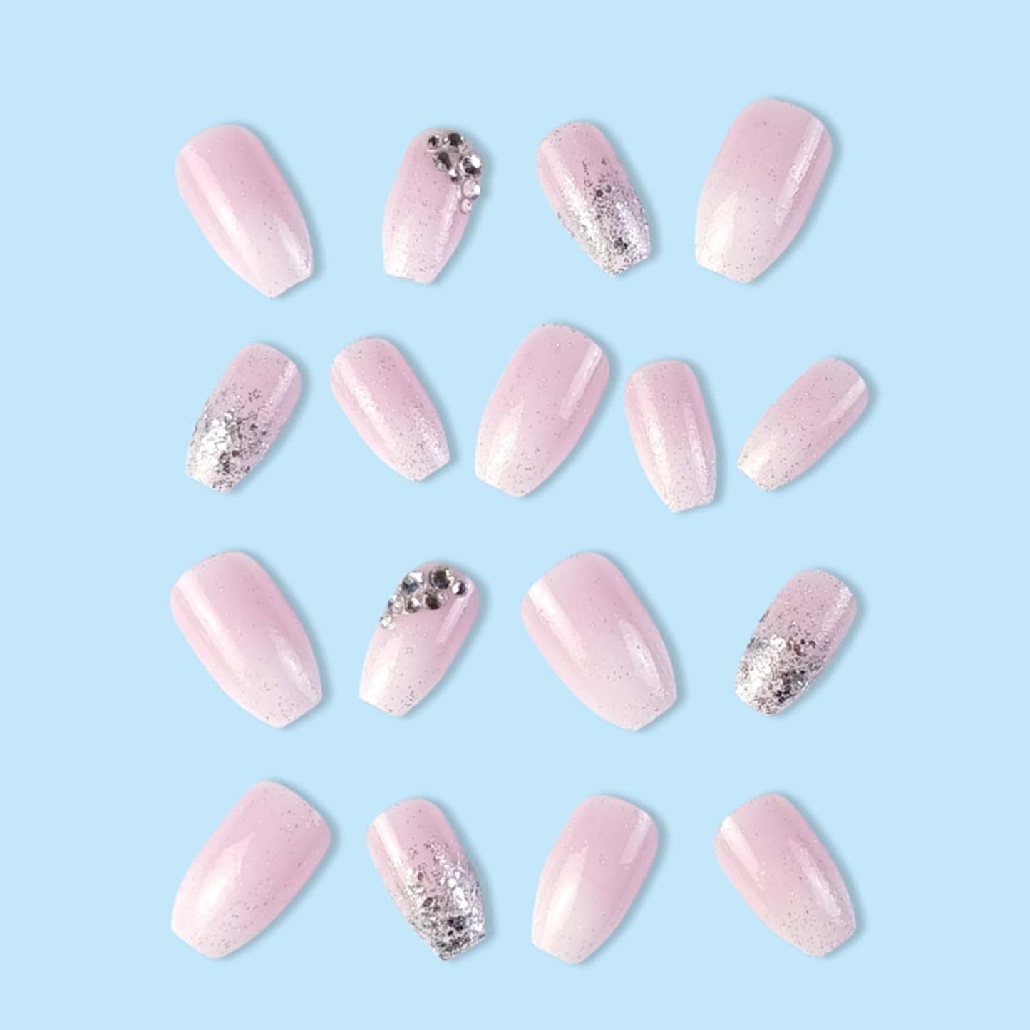 YoYoee Medium Coffin Press On Nails Crystal Gem Design Fake Nails Acrylic Gradient Bling False Nails Reusable Ballerina Stick On Nails for Women and Girls （24 PCS）