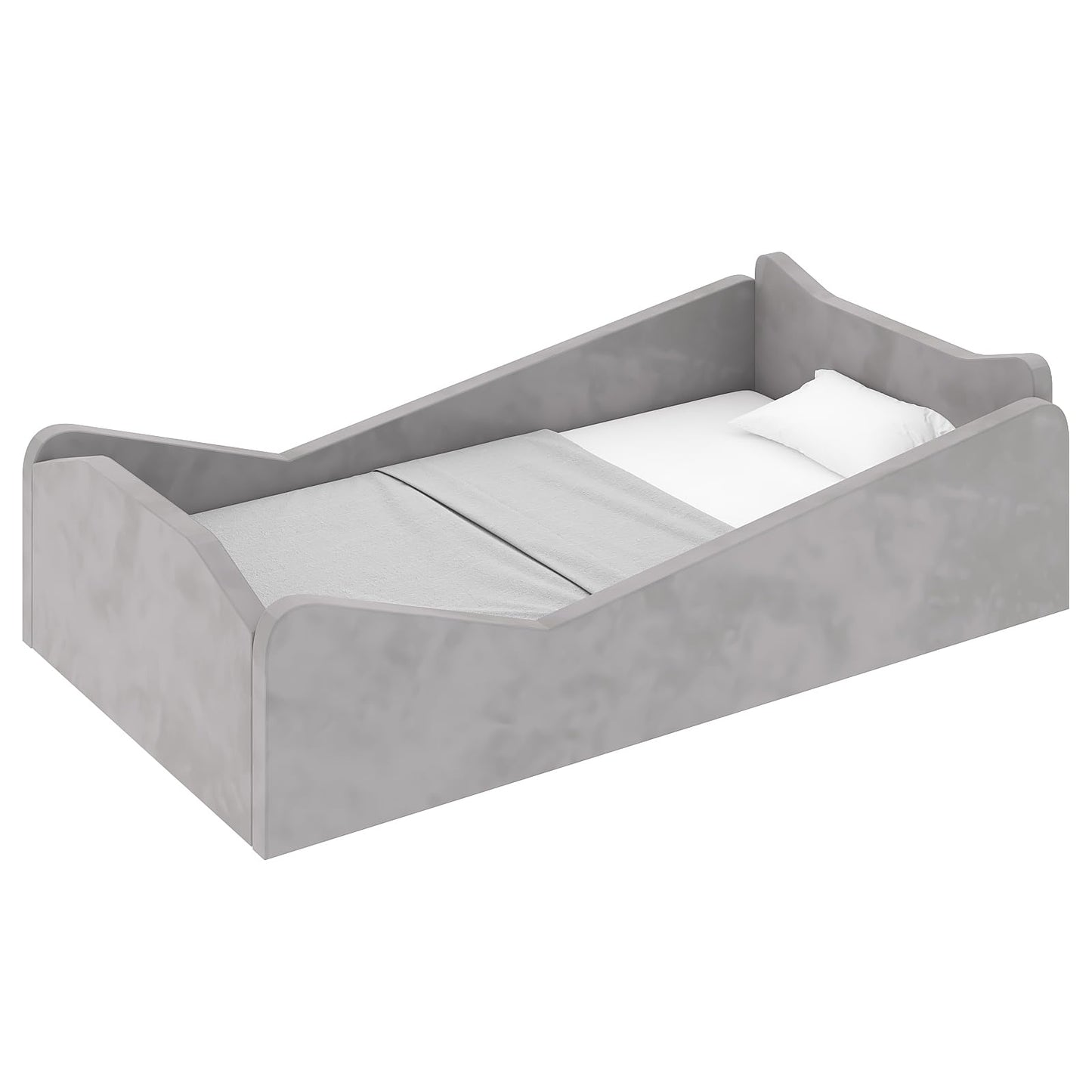 JOYMOR Toddler Bed, Floor Bed with Safety Guadrail, Montessori Toddler Bed with Animal Ear Shapes, Soft Velvet Wood Bed for Infant, Kids, Mattress not Included (Gray)