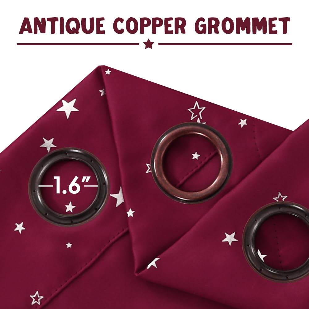 PrinceDeco Blackout Kids Curtains for Bedroom Thermal Insulated Silver Twinkle Star Curtains for Girls Antique Grommet Top Window Treatment 2 Panels Drapes for Nursery (52" W x 84" L, Burgundy/Silver)