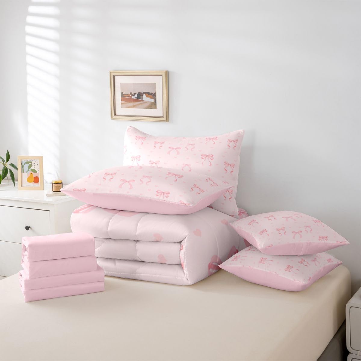 Erosebridal Pink Bow Comforter Set Princess Bowknot Bed in A Bag Full Size 7 Pieces Girly Pink Bows Bed Set Room Decor Ribbon Bow Knot Bedding with Sheets