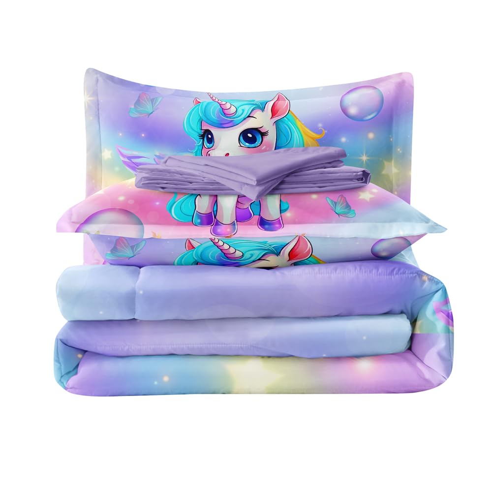 RUPSLO 5PCS Unicorn Comforter Sets,Girls Bedding Sets,Unicorn Bedding Sets,Twin Comforter Set for Girls(Unicorns Bed Sets with Sheets)