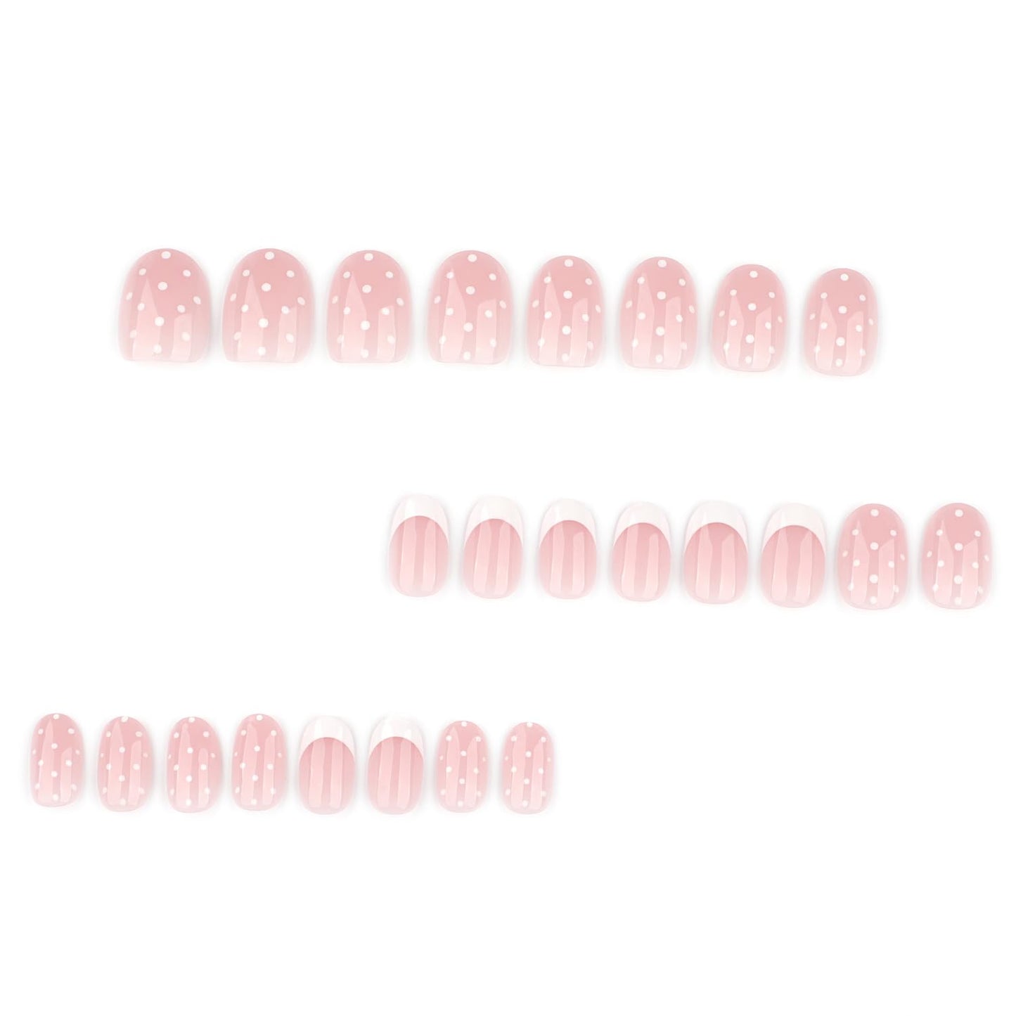Short Oval Polka‑Dot Press‑On Nails — Nude Pink Translucent Base, White Smile Tips & Polka Dots, Reusable Full‑Cover False Nails, Salon‑Quality, Easy‑Apply Tabs — Ideal for Women & Girls