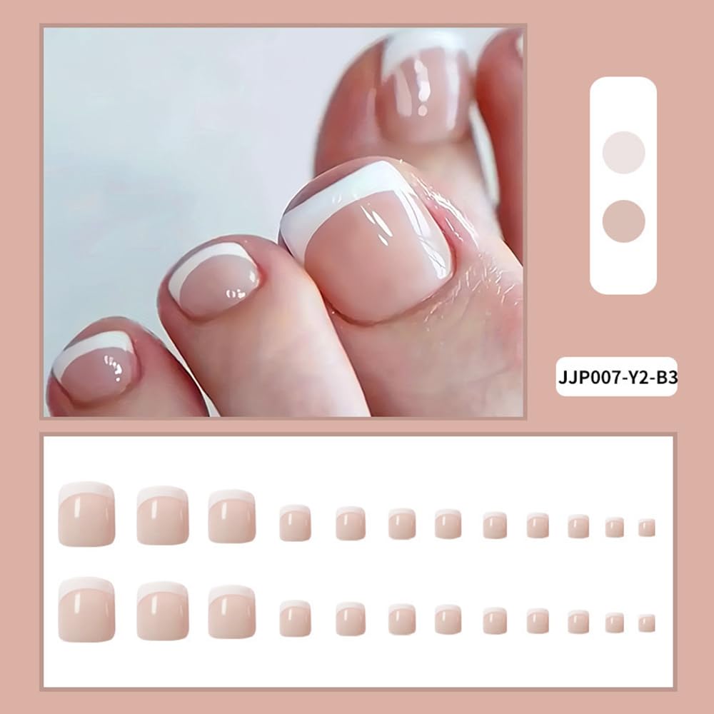 CEWEWP 24 Pcs Skin Tone Press on Toenails Fake Toe Nail Nude White French Tip Sticker with Glue Summer Full Cover False Fashion Square Short Removable Acrylic Nails for Women Manicure Decor