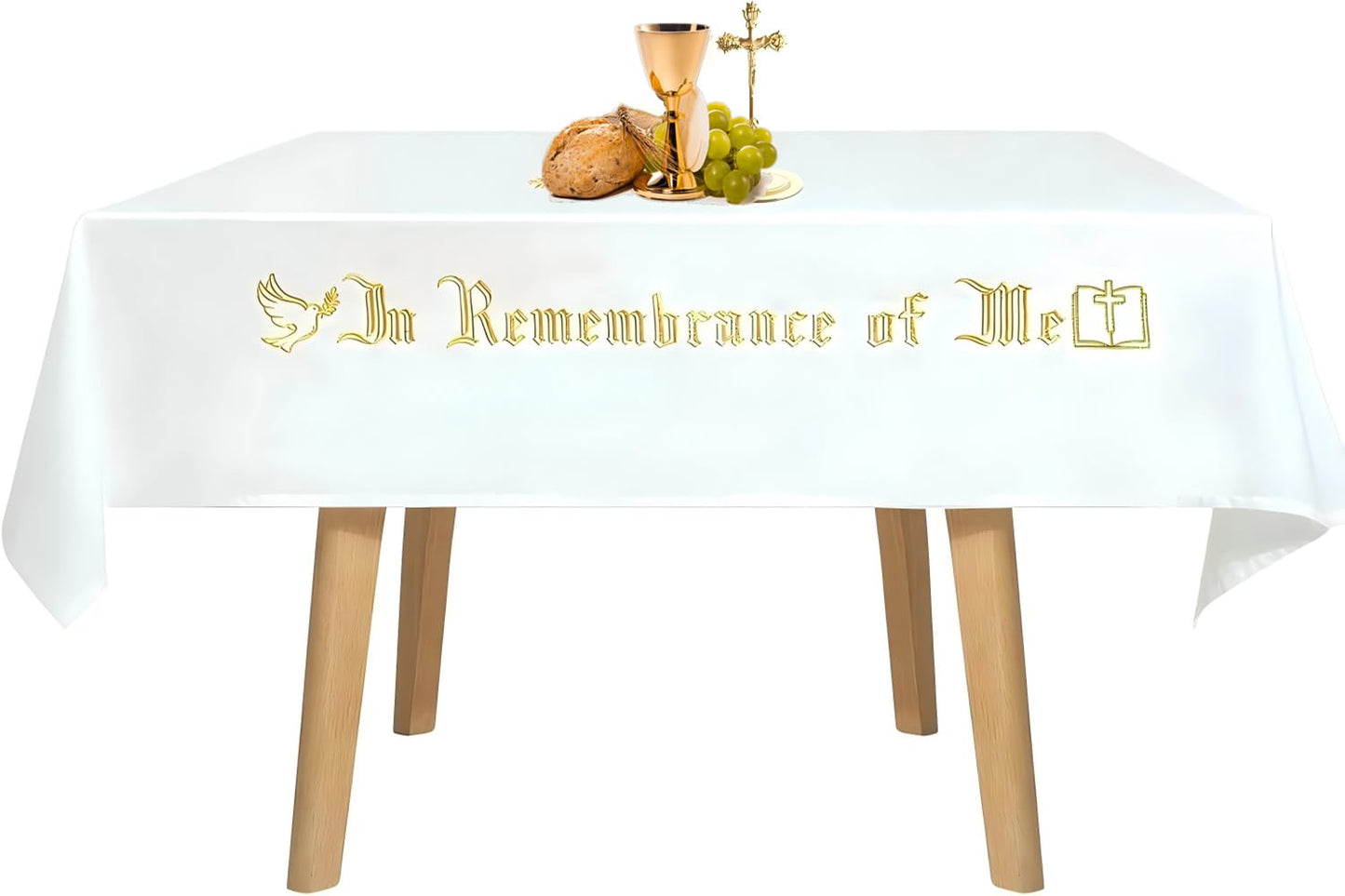 Large In Remembrance of Me Gold Thread Embroidery Altar Frontal Holy Communion Table Cloth Cover 96x52Inch White Rectangle Communion Table Cloth for Church for Gatherings Baptism Ceremonies(Gold)