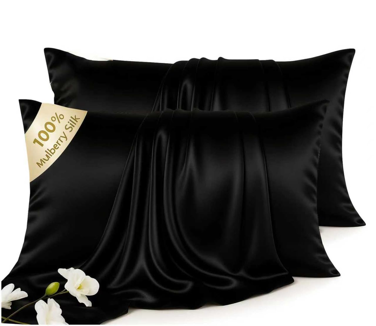 100% Mulberry Silk Pillow Cases 2 Pack for Hair & Skin, 6A Grade Hypoallergenic Pillowcases with Hidden Zipper, Anti-Aging Anti-Frizz, Machine Washable, Queen Sizes, Luxury Gift(Black,Queen)
