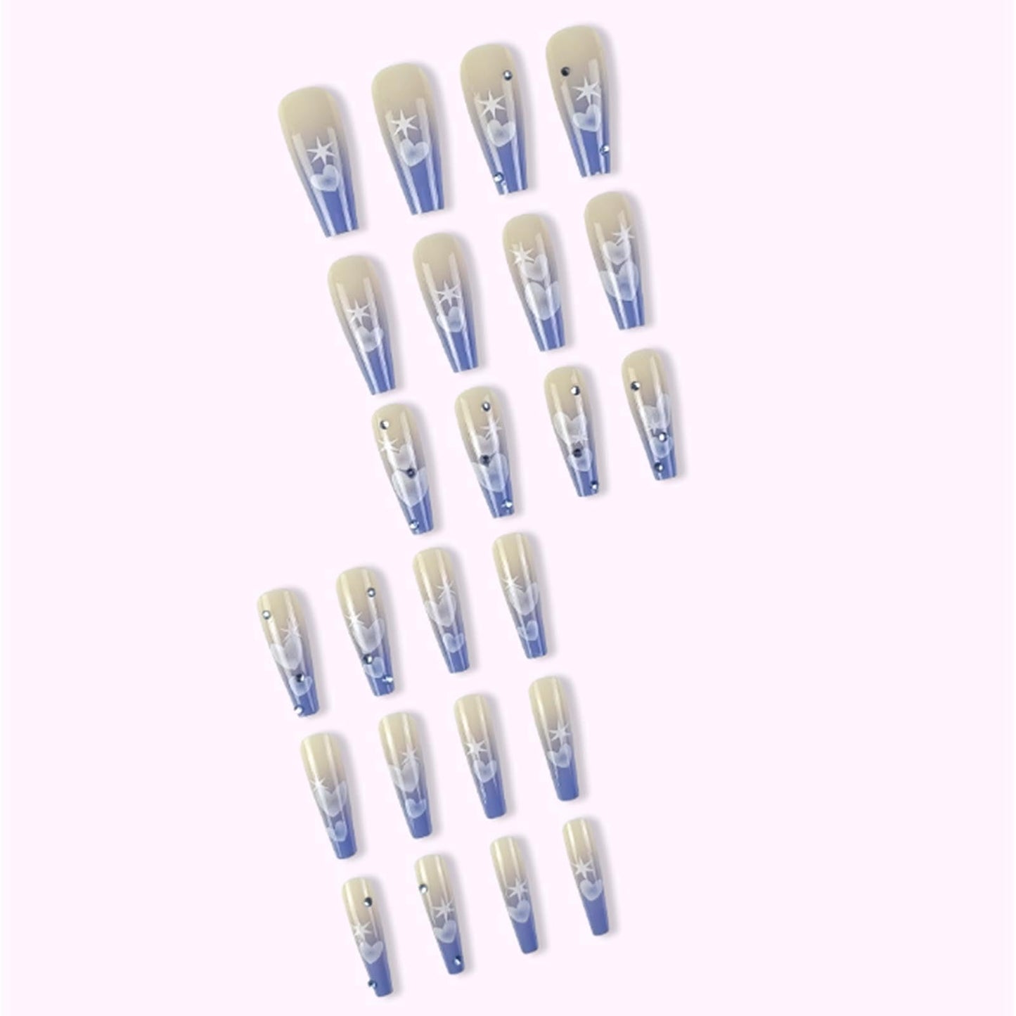 Gifiky Gradient Fake Nails Long Coffin Press on Nails Love Heart Pattern Nails Tips Acrylic Full Cover False Nails Blue for Women and Girls 24Pcs