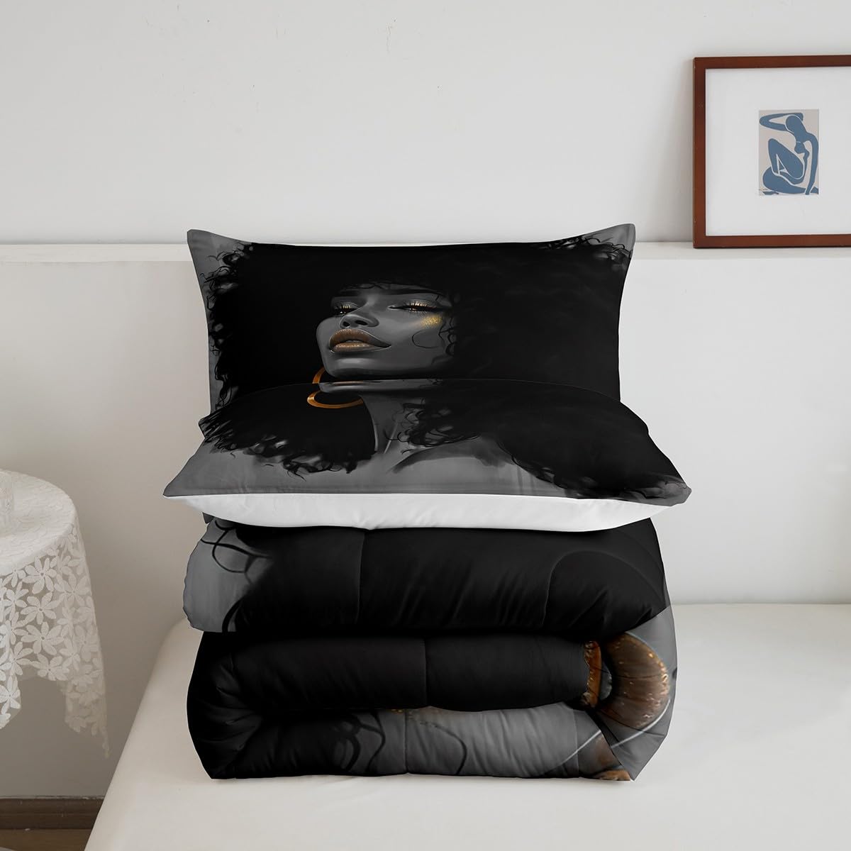 African Style American Woman Comforter Set Queen Size,Afro Pretty Princess Bedding Set,Black Cute Girls Quilt Set for Kids Girls Teens Room Decor Fashion Beauty Style Duvet Insert 3Pcs,2 Pillowcases