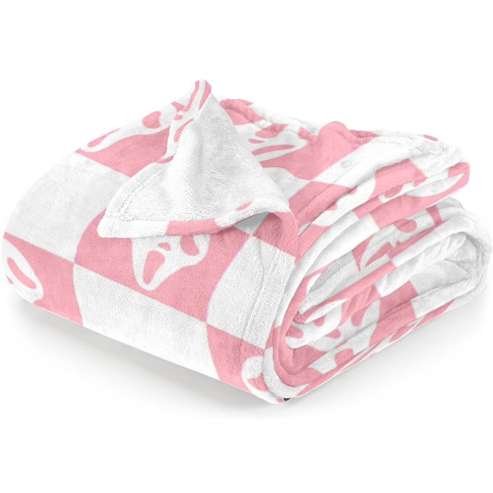 Halloween Spooky Face Throw Blanket, Pink and White Checkered Pattern, Halloween Ghost Blankets Fuzzy Gifts for Sofa Couch Bedroom (80" x 60")