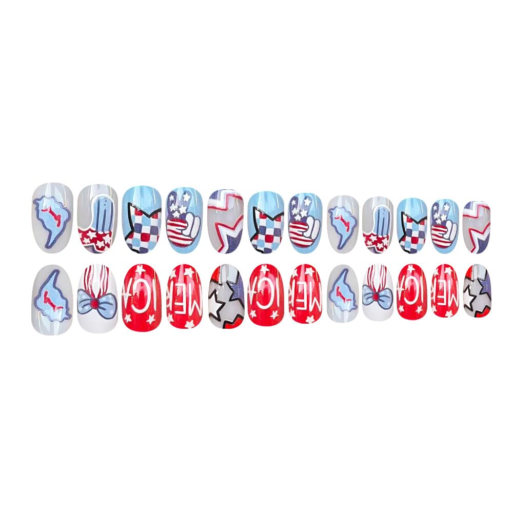 24Pcs Cute Independence Day Press on Nails Short Oval Fake Nails Red Blue Two Colors False Nails Star Letter Design Stick on Nails Full Cover Acrylic Glue on Nails for Women