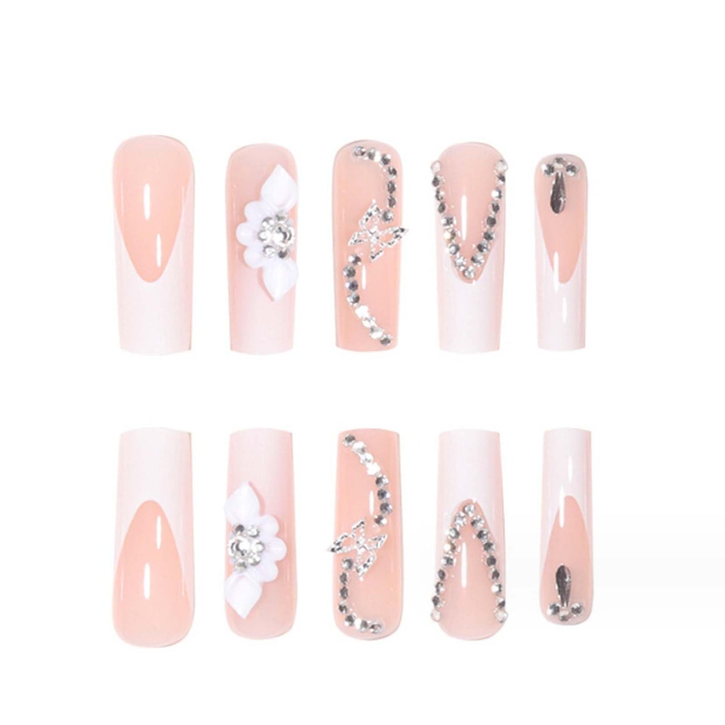 Gifiky Long French False Nails Square Press on Nails Nude Daisy Nails Tips Full Cover Butterfly Fake Nails for Women and Girls 24Pcs