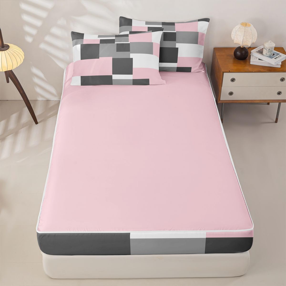 jejeloiu Abstract Zipper Bedding Twin Pink Bedding Sets for Kids Boys Girls Modern Art Comforter Set with Fitted Sheet 2 Pillowcases One Zipper Bed Set for All Seasons
