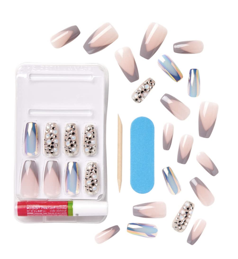 KISS Masterpiece One-Of-A-Kind Luxe Mani Premium Special Effects Design Coffin Shape Glossy Iridescent Glue-On Long Length Nails with Faux Jewels MP01 Love It