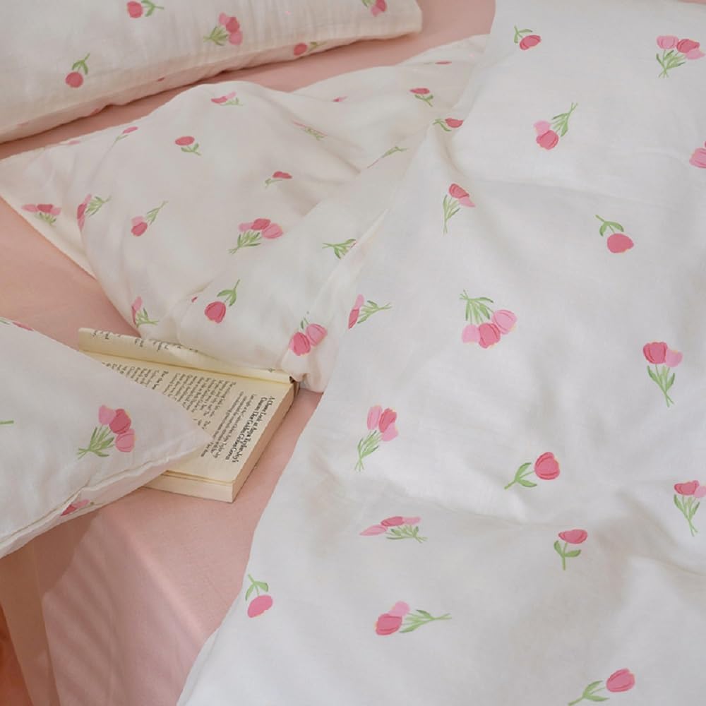 Erwinmu Floral Comforter Set King Size - 3 Pieces Pink White Floral Comforter Bedding Sets Tulips Pattern,King Bed in a Bag with Heart Comforter and 2 Pillowcases