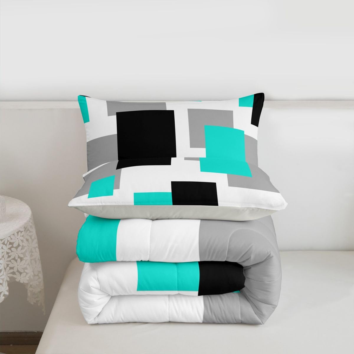 Castle Fairy Teal Grid Comforter Set Queen Size,Black Grey Geometric Down Alternative Adults Room Decor,Modern Abstract Square Splicing Ultra Soft Microfiber Inner Fill 3Pcs Bedding