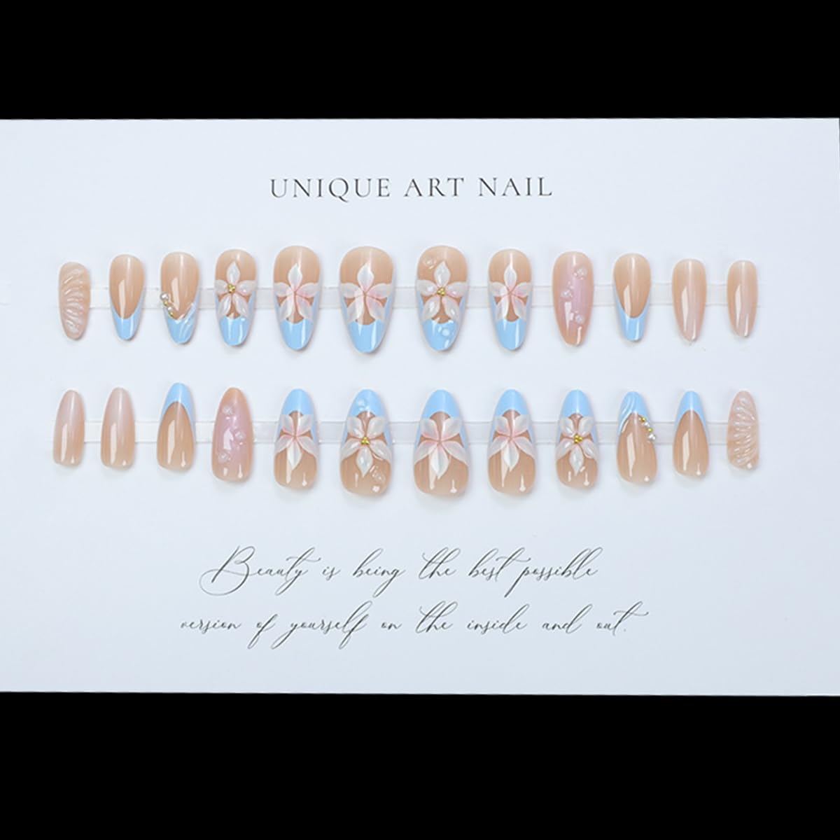 24Pcs Blue French Tip Press on Nails Almond Medium Fake Nails 3D Flower False Nail with Designs Full Cover Embossed Flower Nails Press ons Spring Summer Acrylic Nail for Women DIY Manicure Decoration