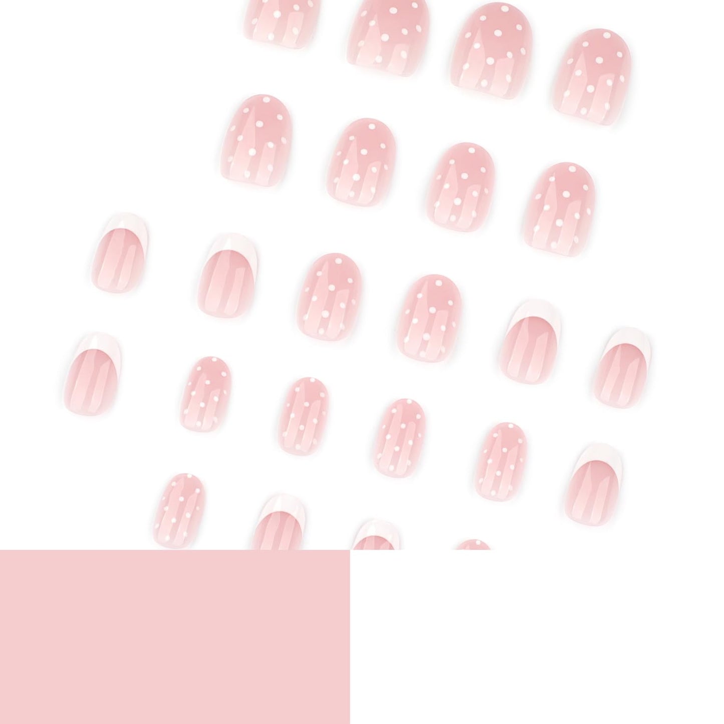 Short Oval Polka‑Dot Press‑On Nails — Nude Pink Translucent Base, White Smile Tips & Polka Dots, Reusable Full‑Cover False Nails, Salon‑Quality, Easy‑Apply Tabs — Ideal for Women & Girls