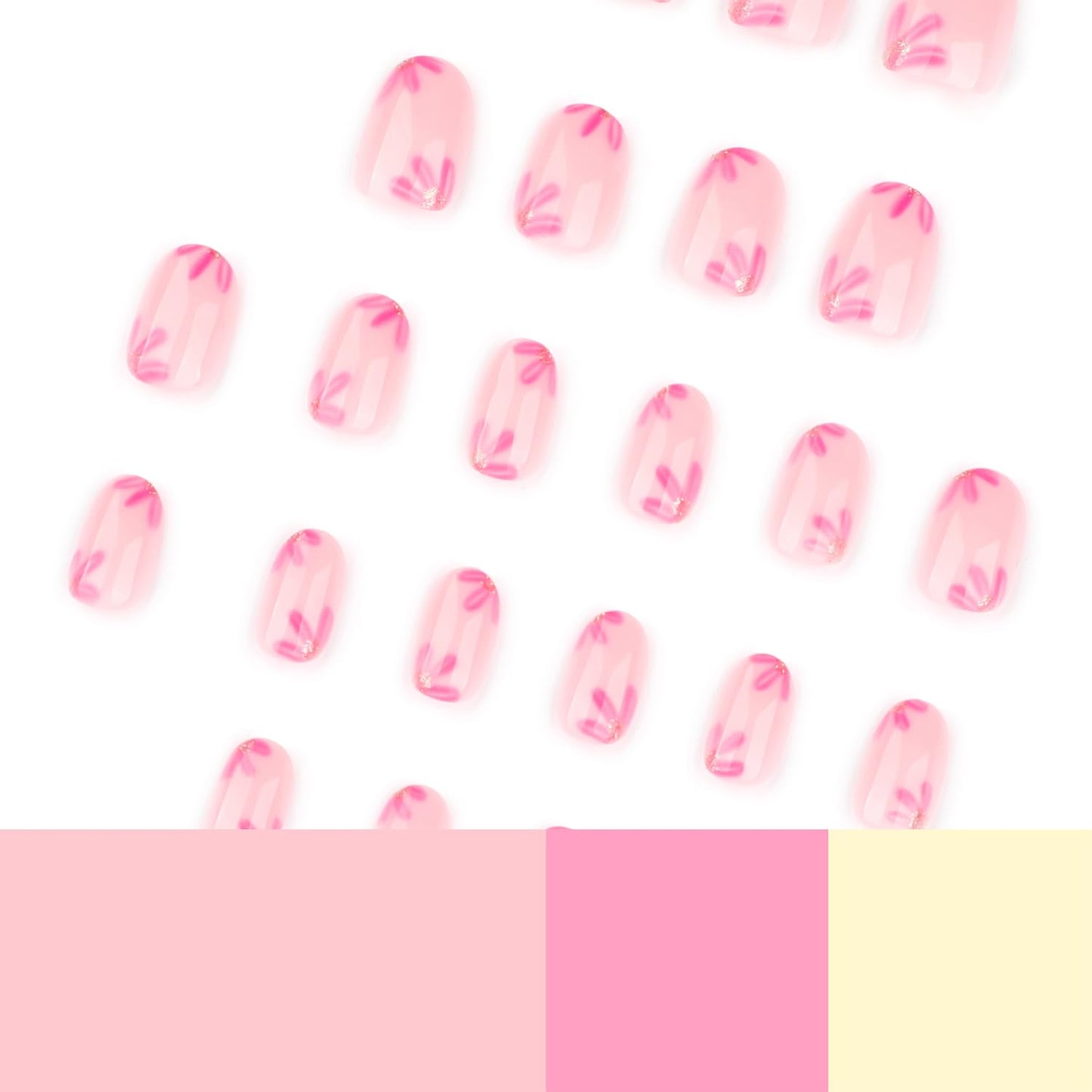 Short Oval Press On Nails with Pink Floral Design, Nude Pink Translucent Fake Nails Glossy Full Cover Acrylic Nails, Elegant Flower Stick On Nails Reusable False Nails for Women Girls