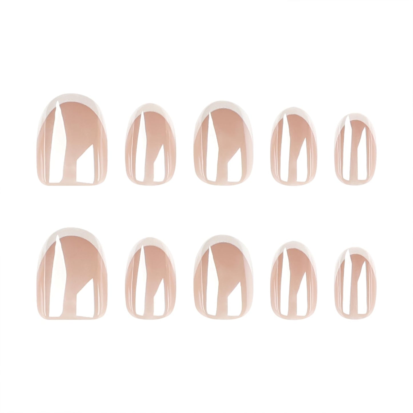 French Press On Nails Short Oval False Nails 30pcs, Nude Chrome Electroplated Stick On Nails with White French Tips, Glossy Reusable Acrylic Fake Nails Kit for Women Girls Wedding Daily