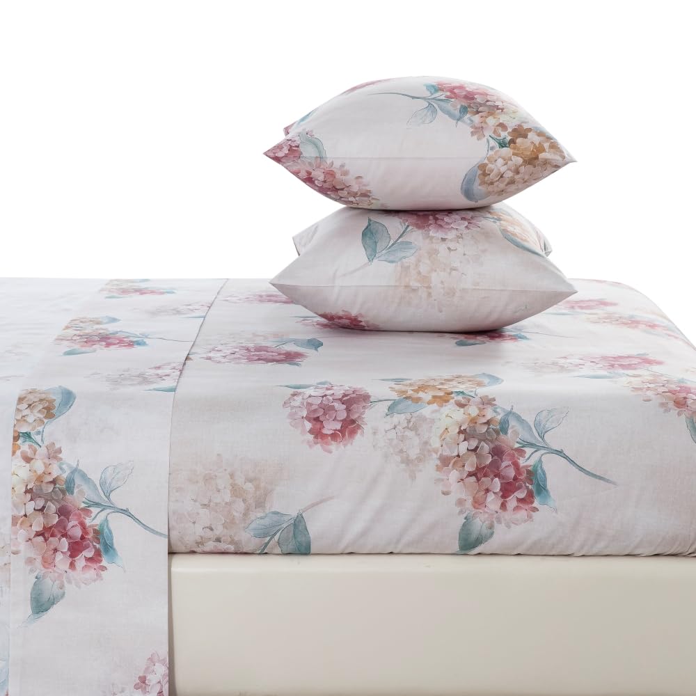 DAUAOTO King Size Printed Sheets Set, 100% Cotton Bedding Sets, Up to 14" Deep Mattress, Floral Pattern Bedlinen Set, Hydrangea Blush