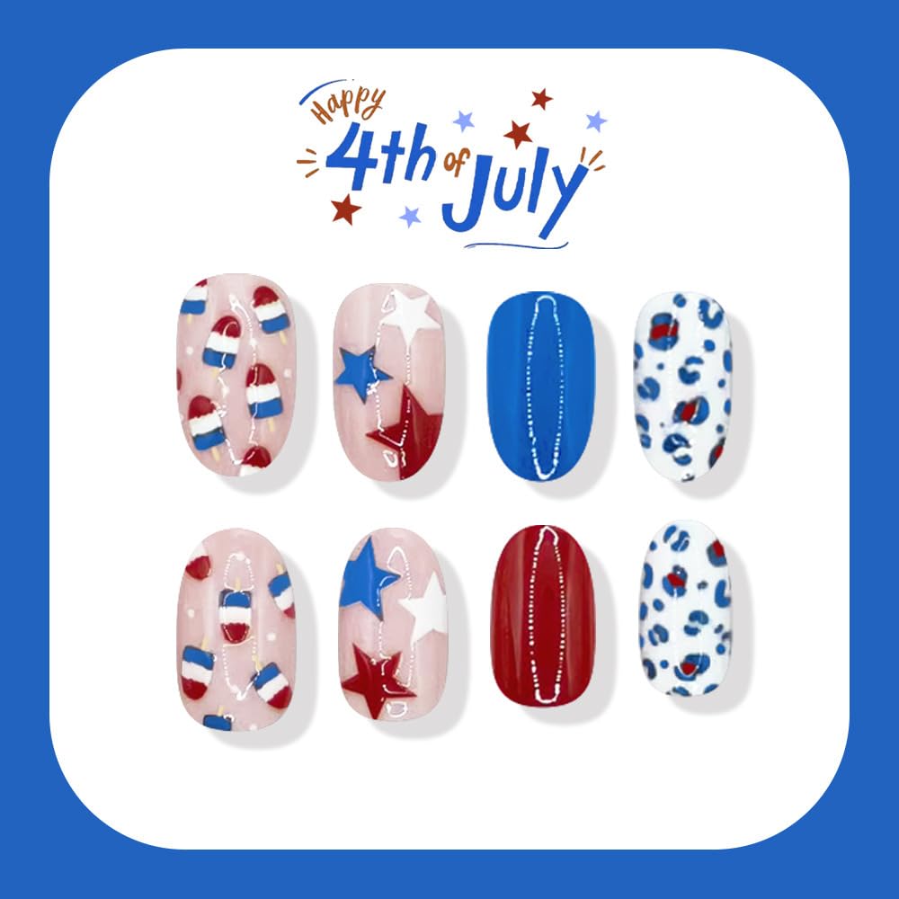 24Pcs Independence Day Press on Nails Short Oval Fake Nails Cute Design Red & Blue Style Acrylic Stick on Nails Star Reusable Glossy Full Cover Glue on Nails for Women 4th of July Manicure Decorations