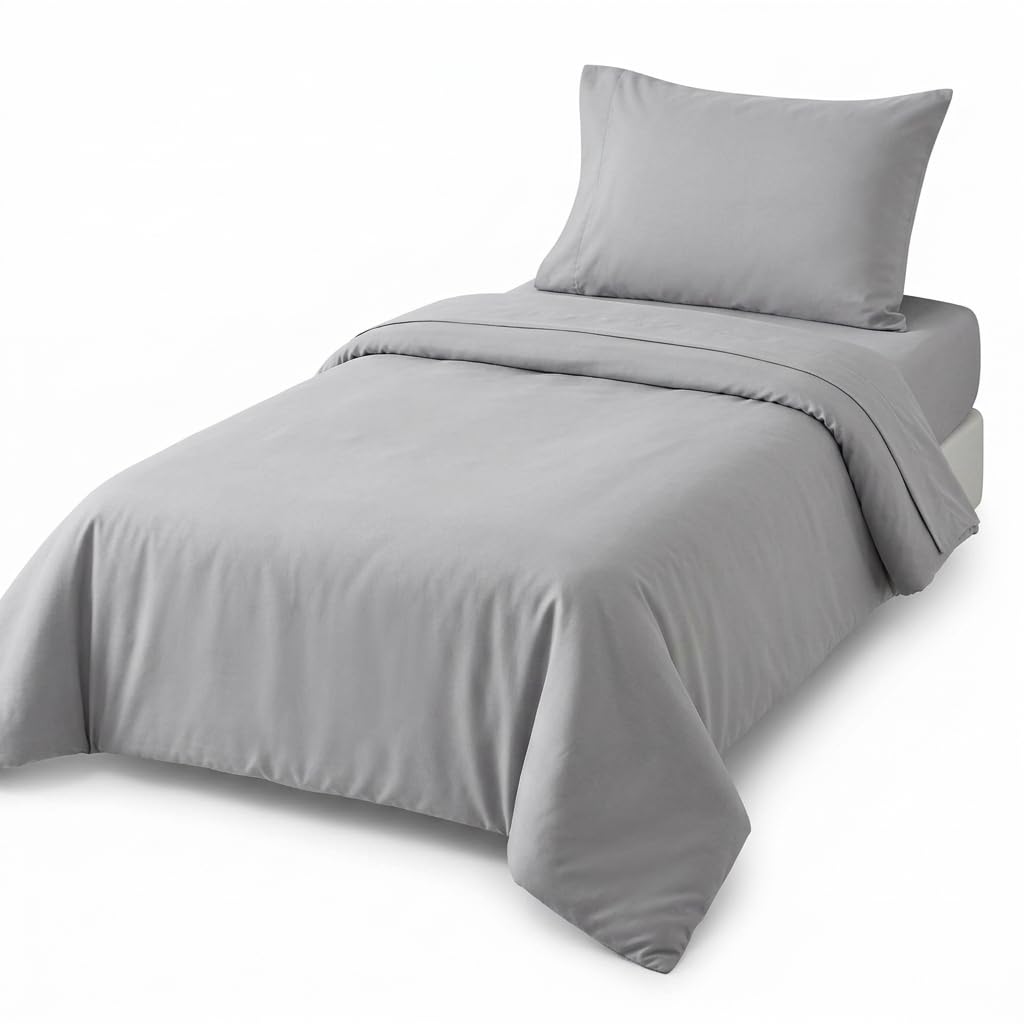 EVERYDAY KIDS 4 Piece Toddler Bedding Set - Includes Comforter, Flat Sheet, Fitted Sheet and Pillowcase - Solid Grey