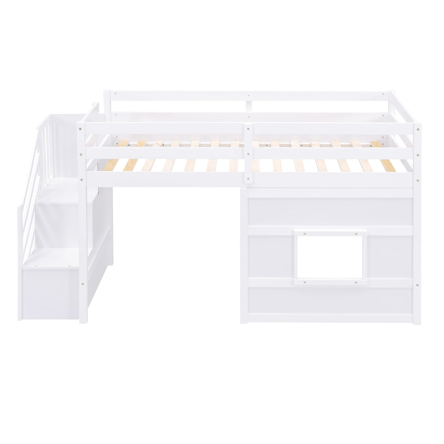 Harper & Bright Designs Twin Low Loft Bed with Staircase and LED for Kids,Wood House Loft Bed Frame with Window and Guardrails,White