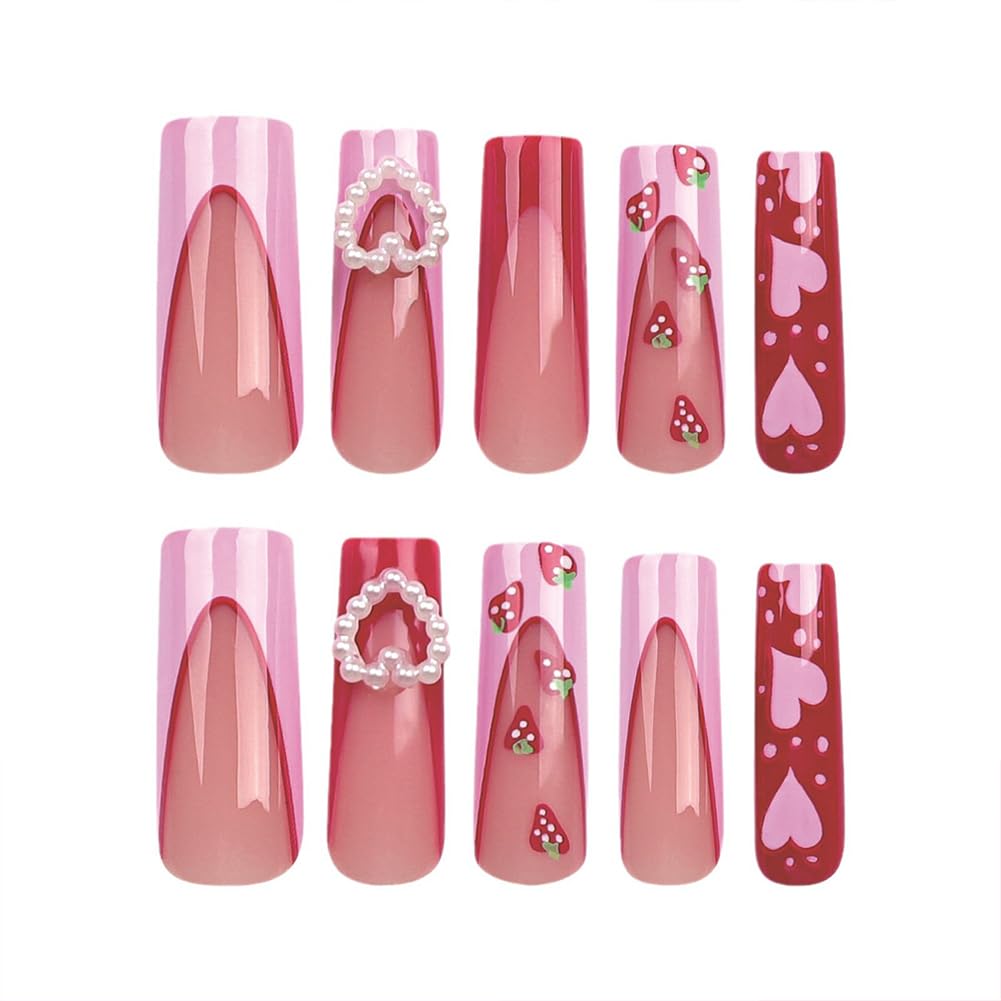 Valentines Nails - Long Press On Nails Coffin Fake Nail With 3D Heart Pearl Strawberry Designs Pink French Acrylic Artificial Glue On False Nail Press Ons Stick On Nails for Women Girls