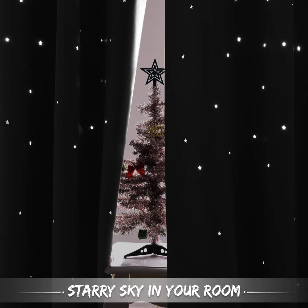 NICETOWN Kids Blackout Curtains for Bedroom - Hollow Star Space Inspired Night Sky Twinkle Blue Children Star Curtain, Window Drape (1 Panel, 52 x 63 inches Panel, Navy Blue)