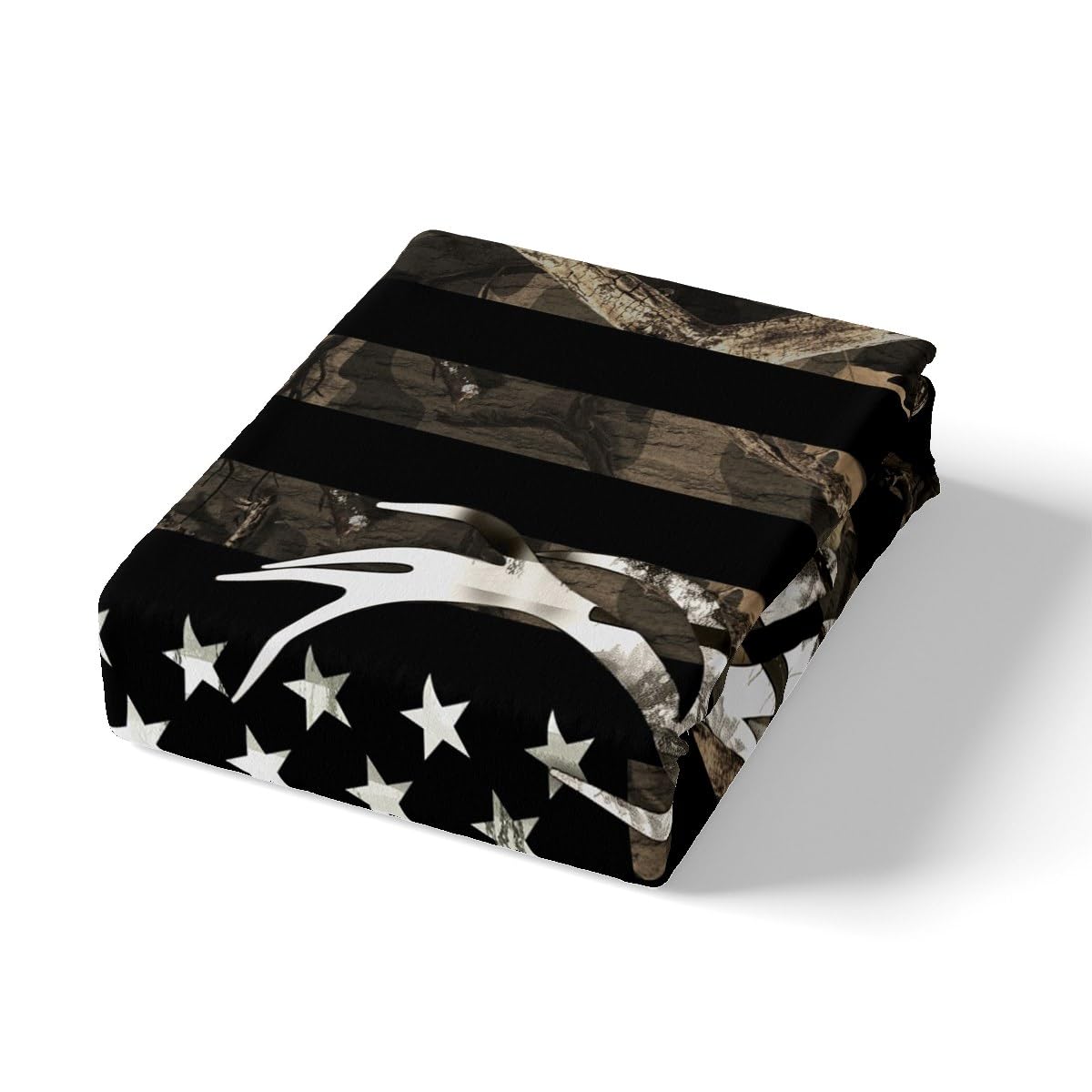 Grey Camo USA Flag Fitted Sheet Set Full Size 4pcs, Camouflage Deer Antlers Silhouette and Trees Bedding Set(1 Fitted,1 Flat,2 Pillowcases),American Flag Luxury Deep Pocket Bed Sheets for Girls Teen