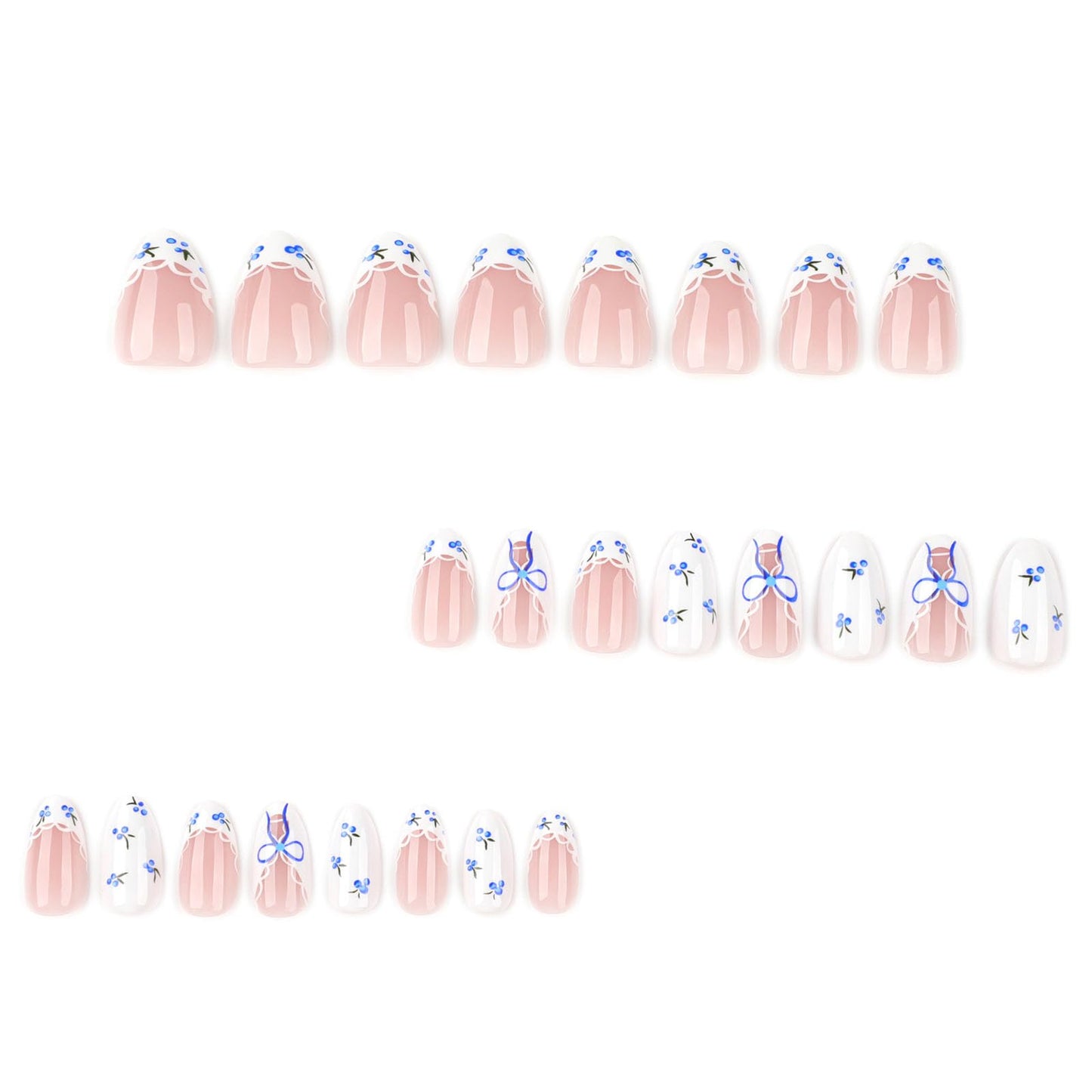 French Tip Press on Nails Short Almond Fake Nails Blue White Stick on Nail Flower Lace Glossy Reusable Full Cover with Adhesive Glue Artificial Nail Women Manicure 24Pcs