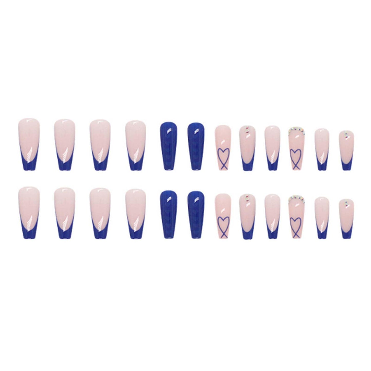 Gifiky Long Coffin False Nails Blue French Press on Nails Cute Nails Tips Acrylic Crystal Gem Design Fake Nails for Women and Girls 24Pcs