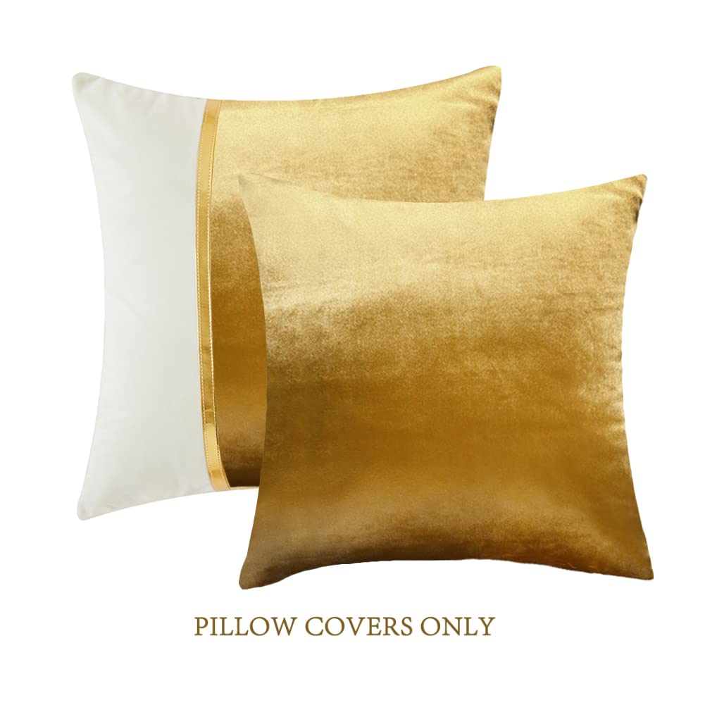Fancy Homi 2 Packs Gold Decorative Throw Pillow Covers 18x18 Inch for Living Room Couch Bed, Velvet Patchwork with Gold Leather, Luxury Modern Farmhouse Home Decor, Accent Cushion Case 45x45 cm