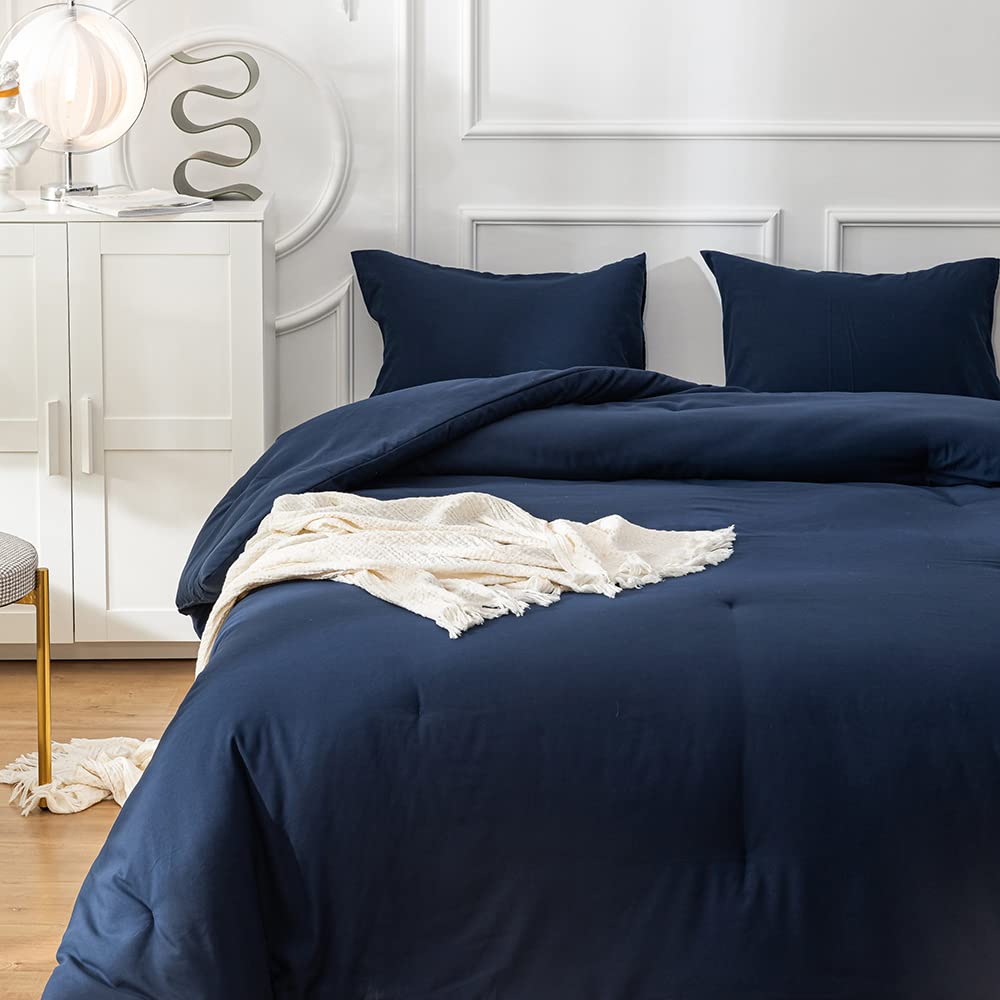 KAREVER Navy Blue Comforter Queen Bedding Set Women Soft Dark Navy Bedding Comforter Set Men Breathable Durable Bed Set