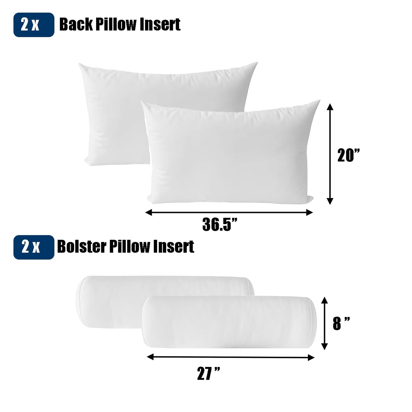 Oslimea Twin Size Pillow & Bolster Cushion Memory Sponge Fiberfill Inserts Replacement Set for Outdoor or Indoor Daybed and Porch Swing Bed, Insert ONLY