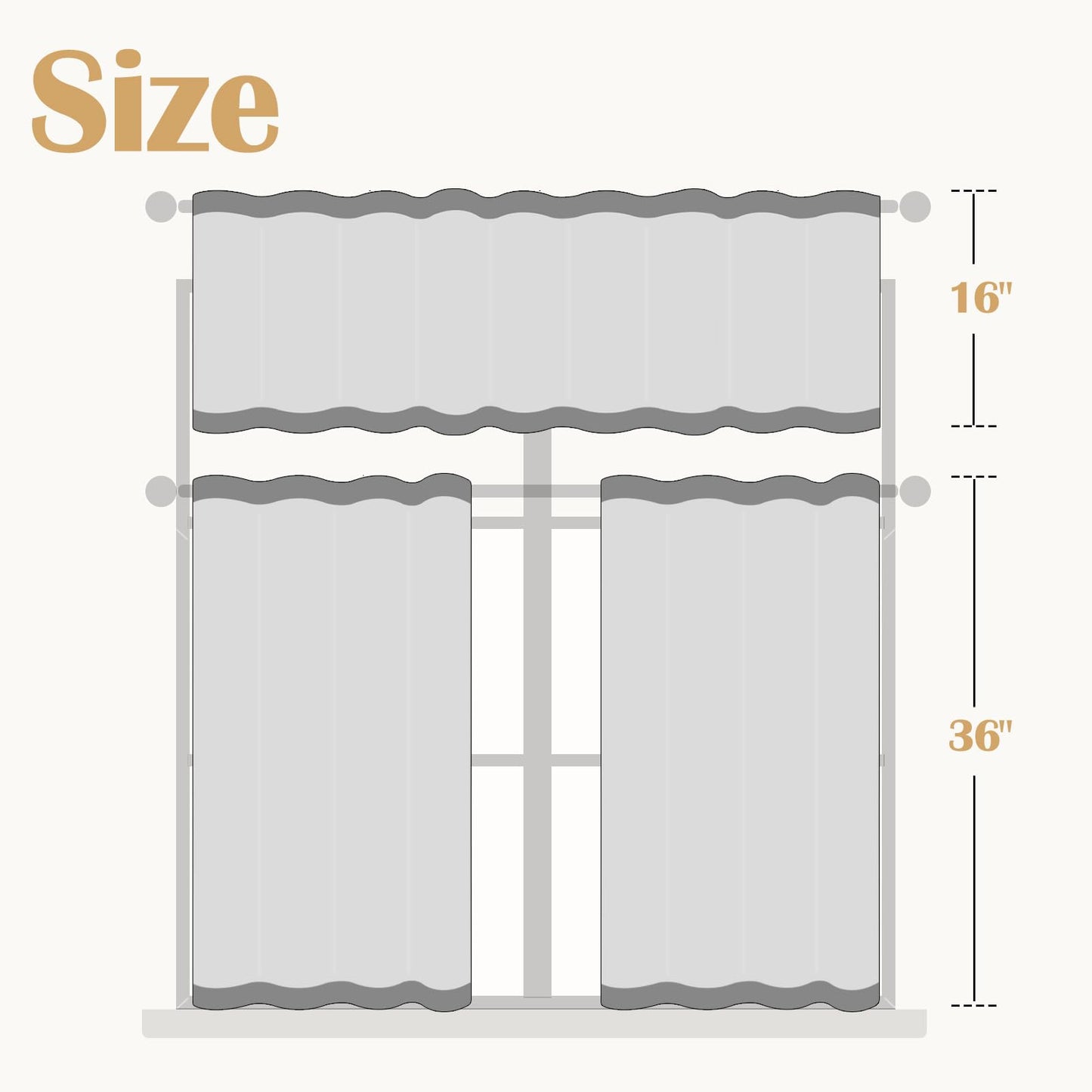 JINCHAN Boho Gray Stripe Kitchen Curtains and Valance Set Linen Tier Curtains Bohemian Small Window Drapes 36 Inch for Cafe Living Room Bathroom Window Treatments Rod Pocket 3 Pieces Set Grey on Beige