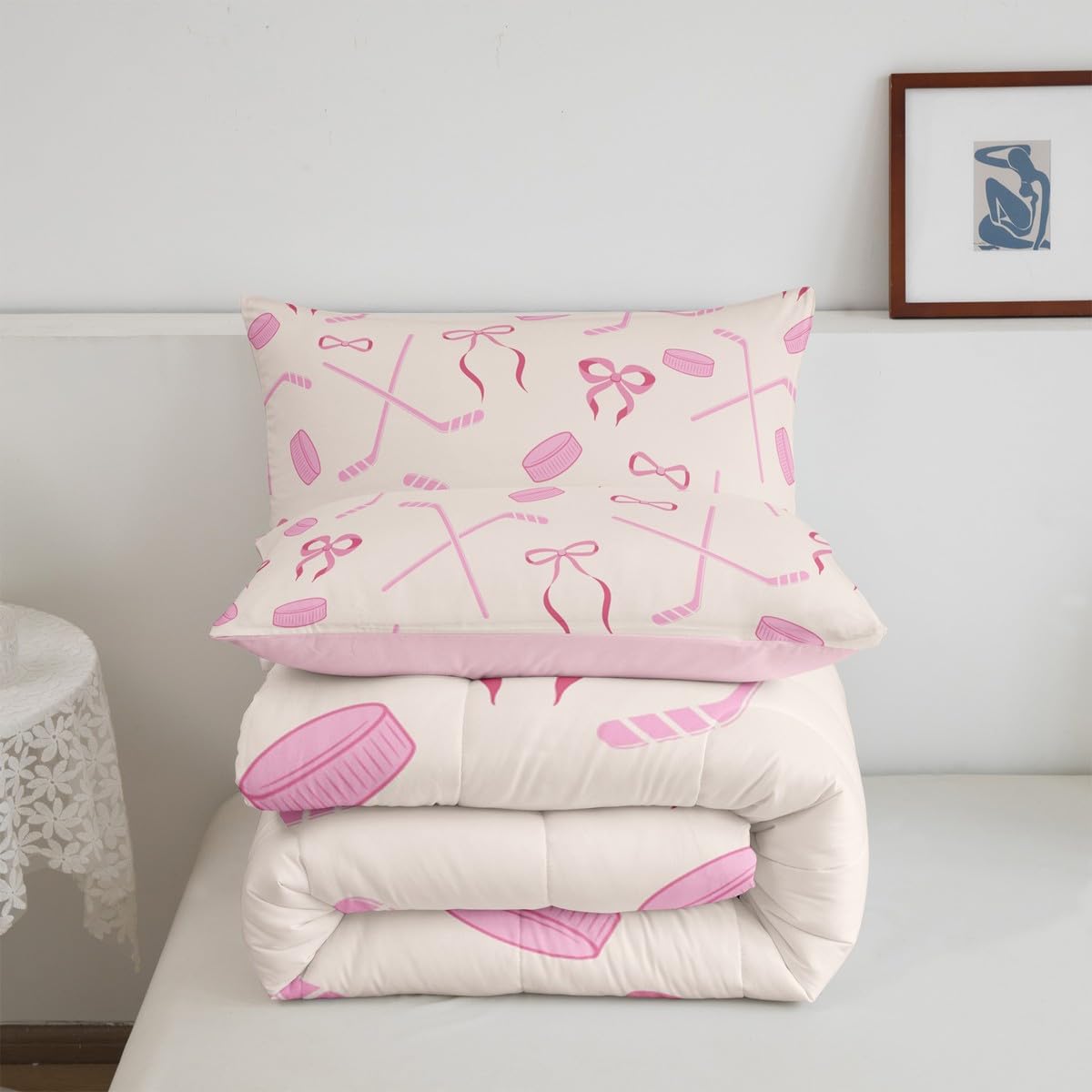 Castle Fairy Ice Hockey Full Bedding Set for Kids Adults,Girls Pink Hockey Stick and Ball Comforter Bed Set,Butterfly Bow Princess Style Quilt Set 3 PCS,Kawaii Girls Woman Duvet Insert,2 Pillow Cases