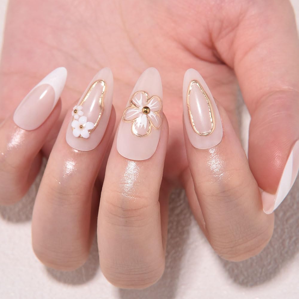 evpct 3D Flower French Press on Nails Medium Almond No Glue, White French Tip Gold Line Stick on Nail for Women Gift with Kit, Reusable Full Cover Soft Press on Fake Nail with 3D Floral Design