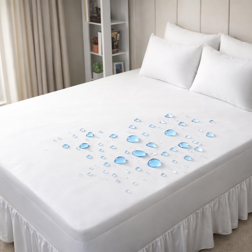 100% Waterproof Mattress Pads – Soft Polyester Surface with Full Elastic Skirt & Durable TPU Backing – Noiseless, Breathable, Washable Cover for Bed Protection (Queen)