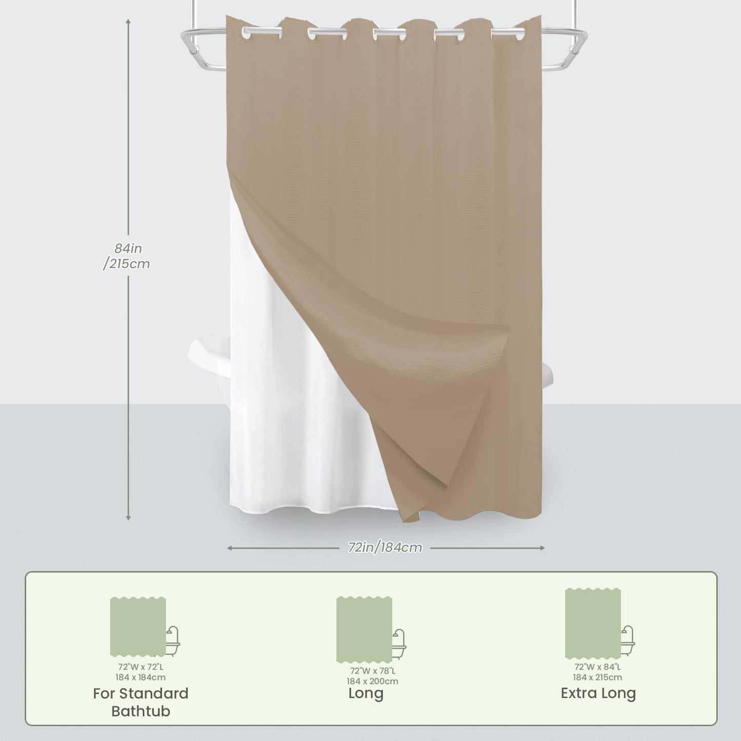 Inhousolu No Hook Shower Curtain with Removable Snap-in Liner, Waffle Weave 230 GSM Polyester, Weighted Hem, Water Repellent Washable, 72 x 84 Inch, Beige