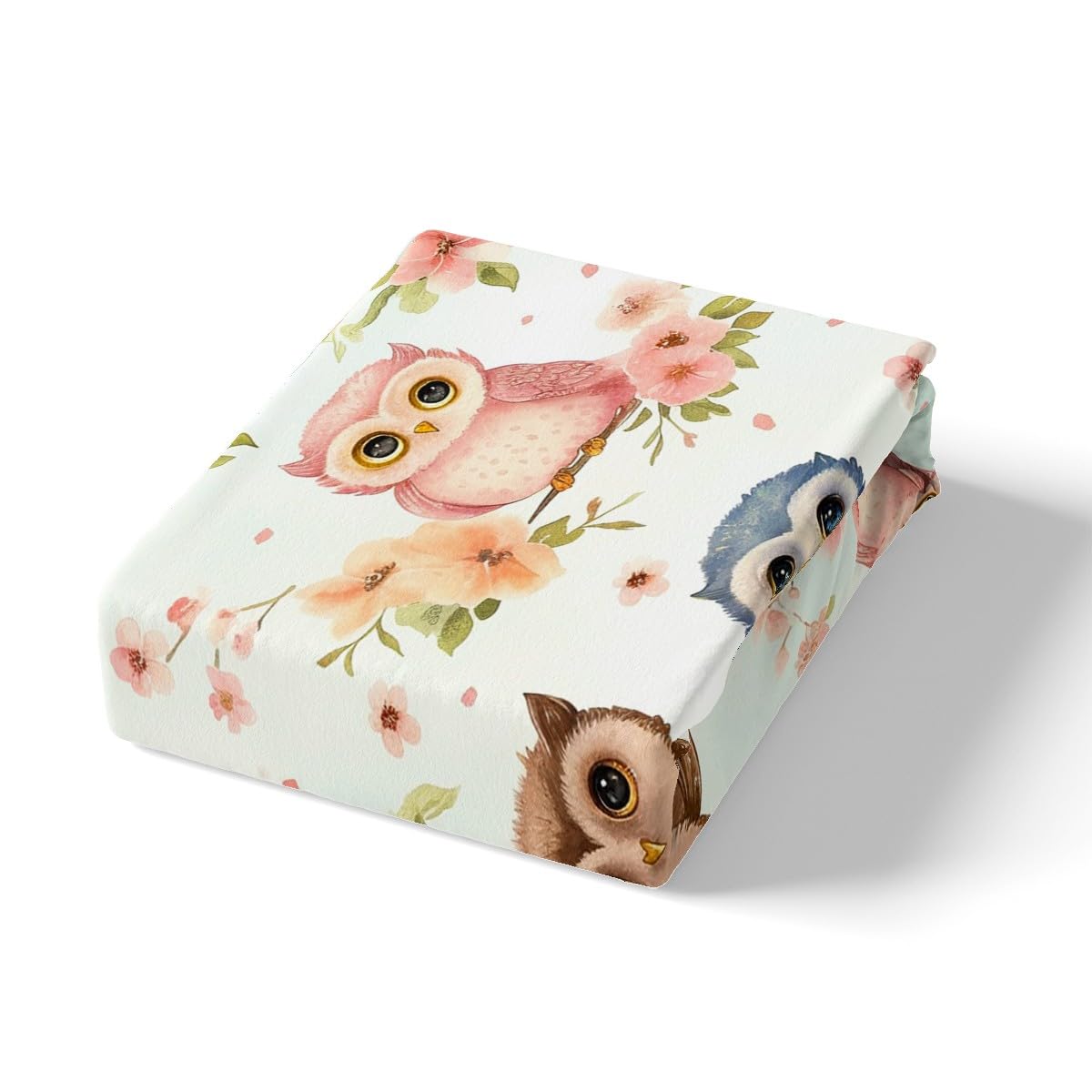 Cute Owl Kids Fitted Sheet Full Size,Peach Blossom Tree Branch Romantic Bedding Set,Boys Girls Room Decor,Cartoon Wild Animal Rustic Bed Cover,Pink Green Bed Sheet,2 Pillowcases
