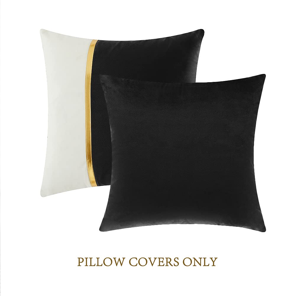 Fancy Homi 4 Packs Black Decorative Throw Pillow Covers 18x18 Inch for Living Room Couch Bed Sofa, Black and White Velvet Patchwork with Gold Leather, Luxury Home Decor Square Cushion Case 45x45 cm