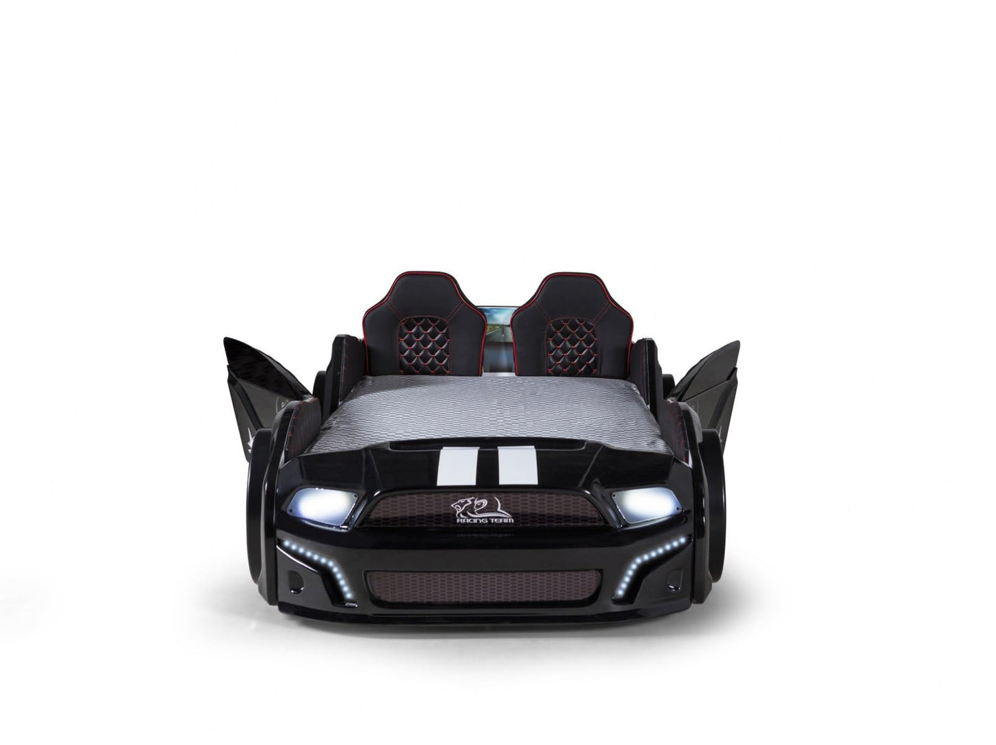 Race Car Bed for Kids, Twin XL Size, LED Lights, Sports Style Design, Black
